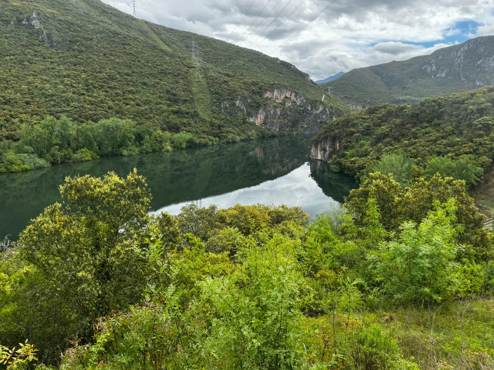 Berglandschaft mit Fluss und dichter Vegetation